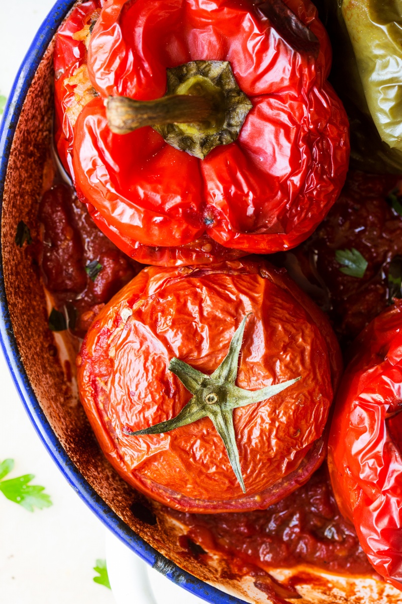 Yemista Greek Stuffed Peppers And Tomatoes Lazy Cat Kitchen