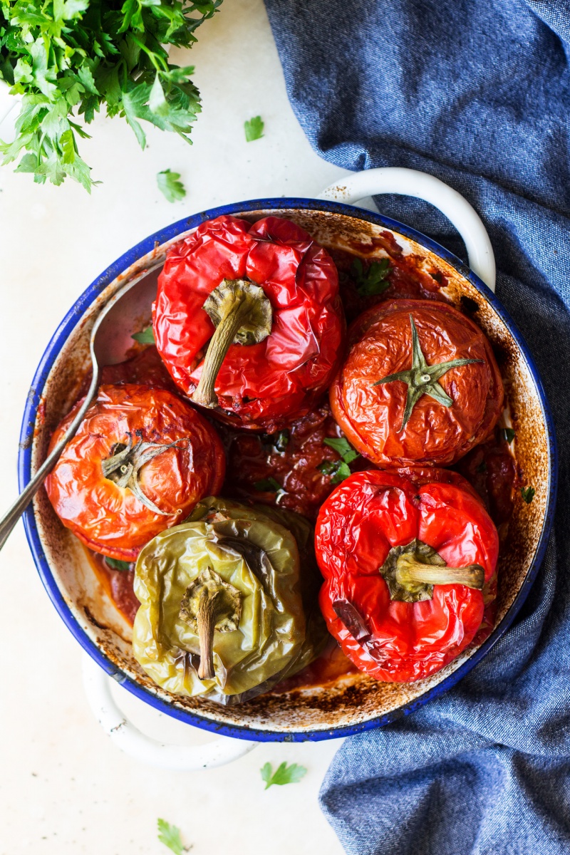 Yemista Greek Stuffed Peppers And Tomatoes Lazy Cat Kitchen