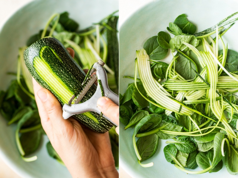 zoodles for plum and roasted broccoli salad