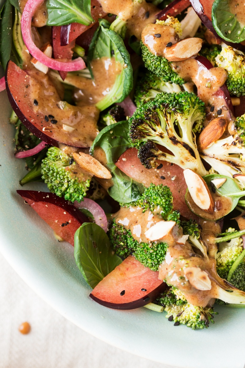 plum roasted broccoli salad close