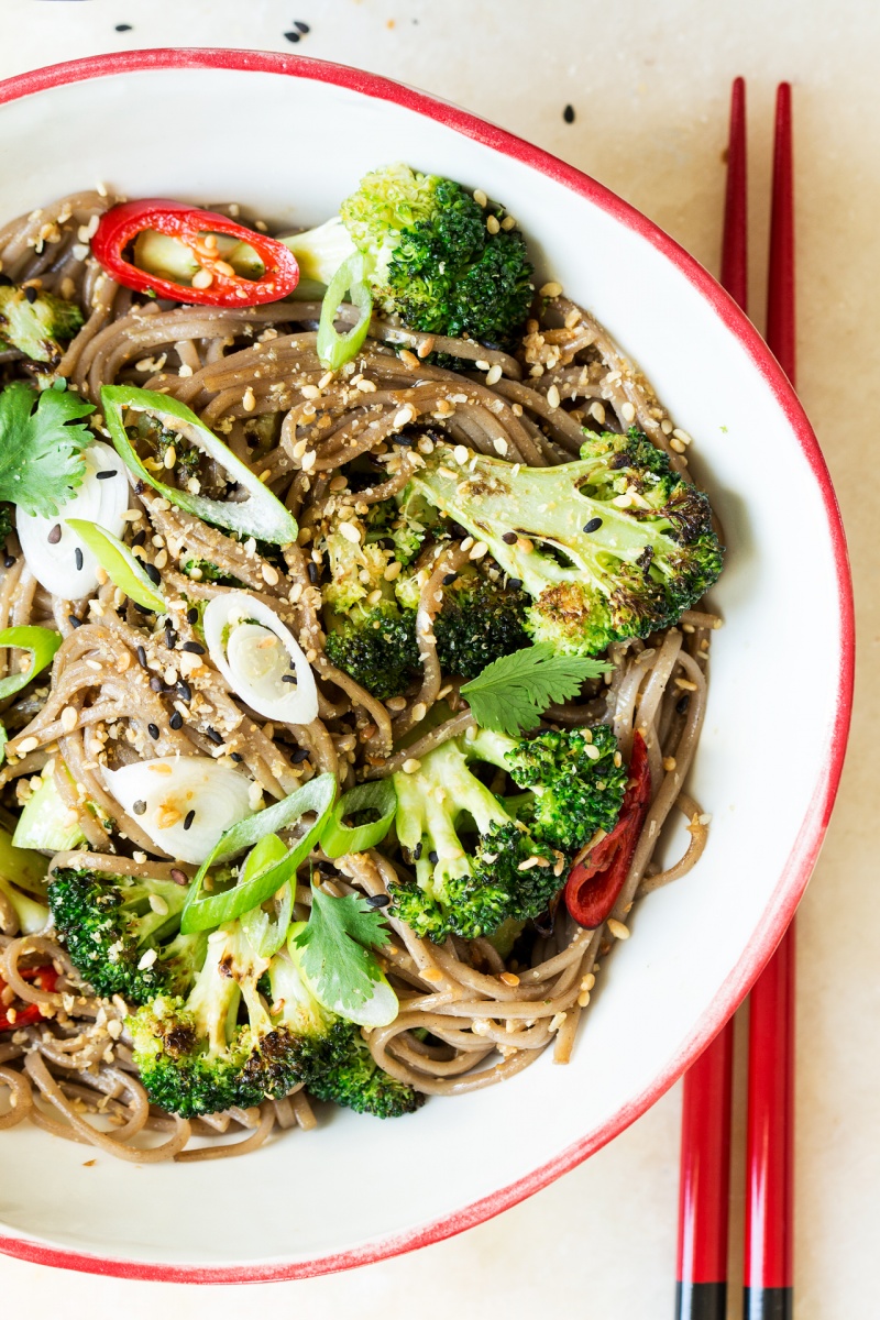 sesame soba noodles before half bowl