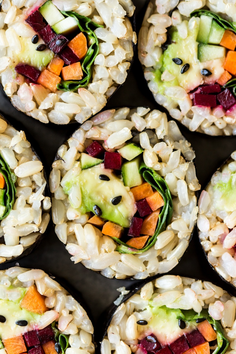 vegan brown rice sushi close up