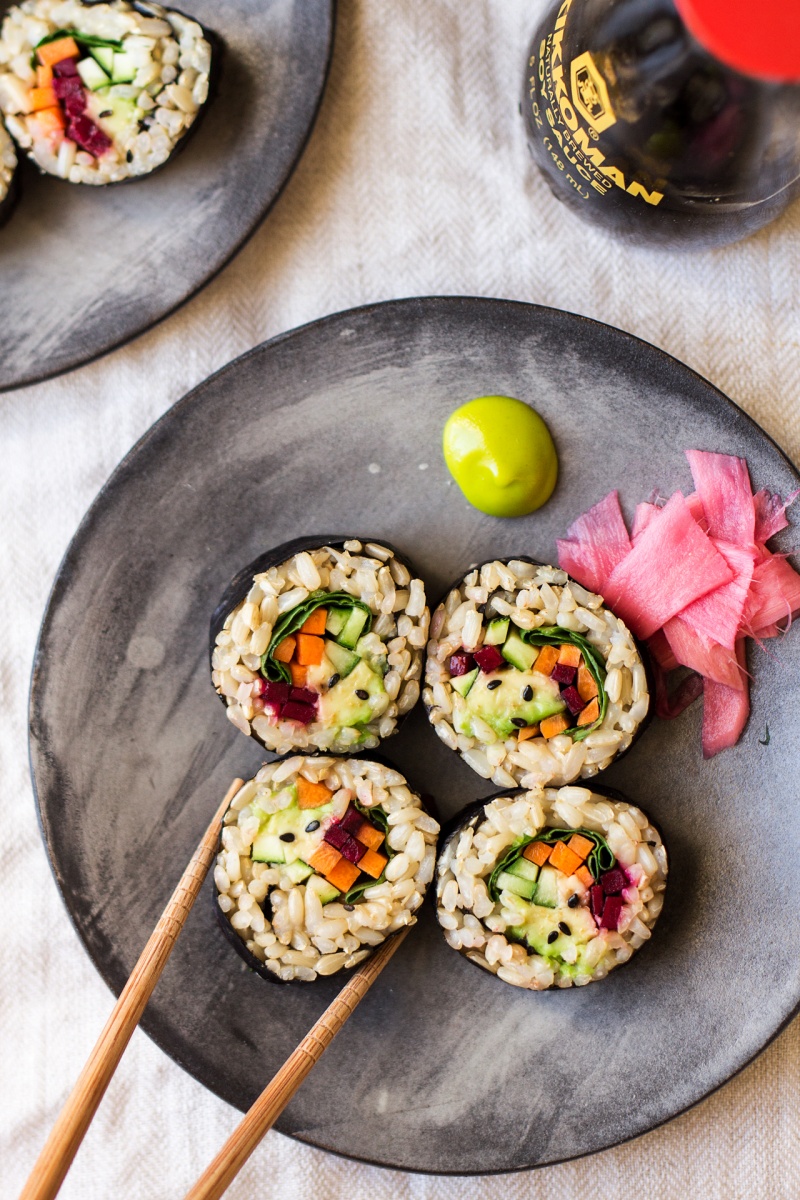 vegan brown rice sushi served