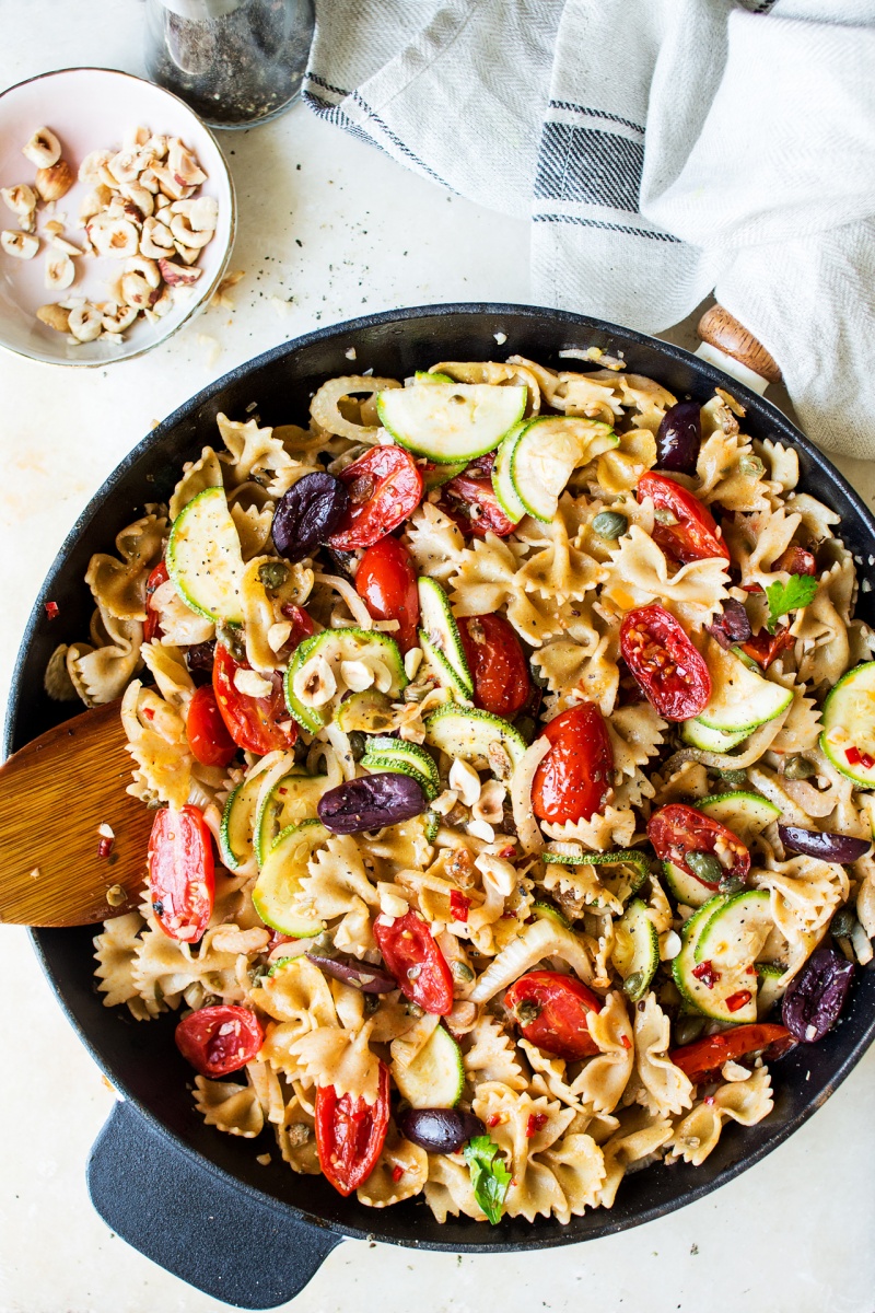 vegan caper pasta in pan