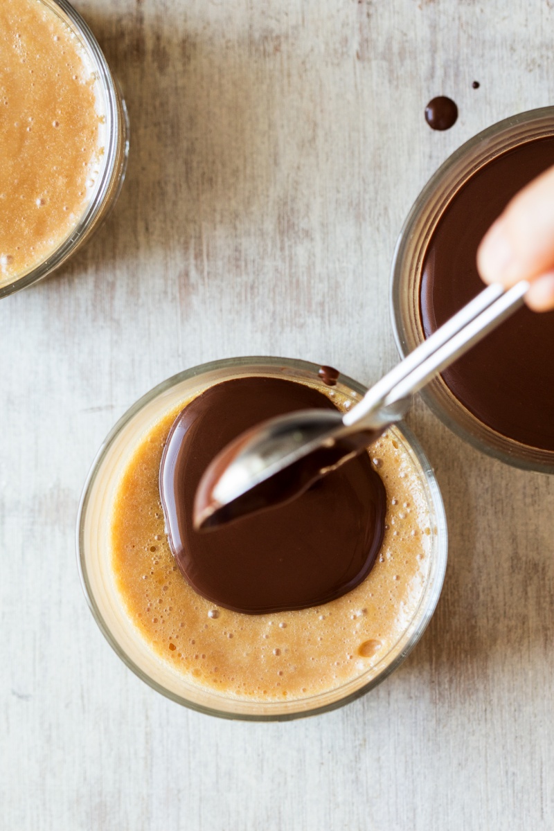 vegan peanut butter mousse pouring chocolate