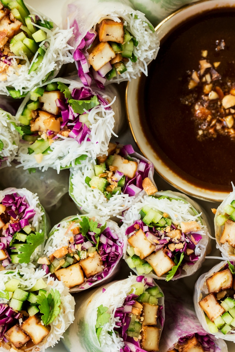 vegan summer rolls hoisin tofu close