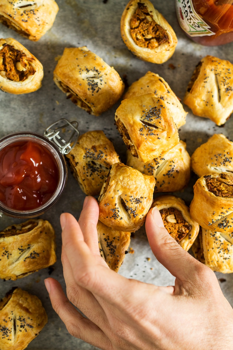 vegan sausage rolls hand