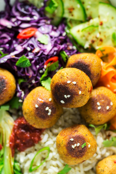 vegan asian meatball lunch close up