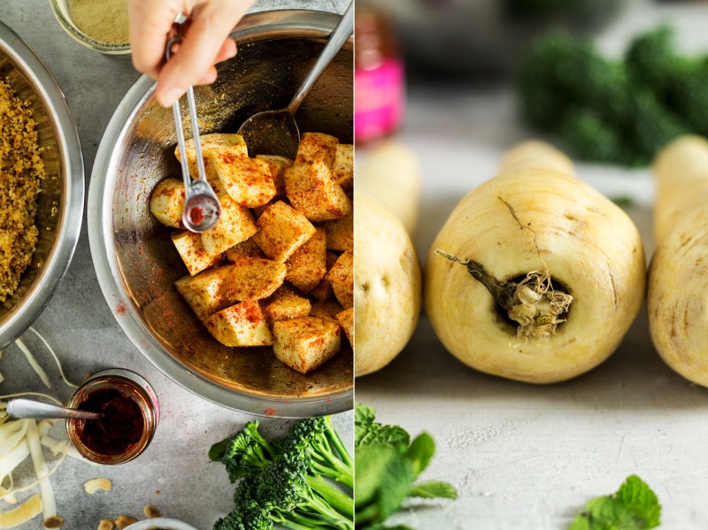 vegan couscous salad parsnip prep