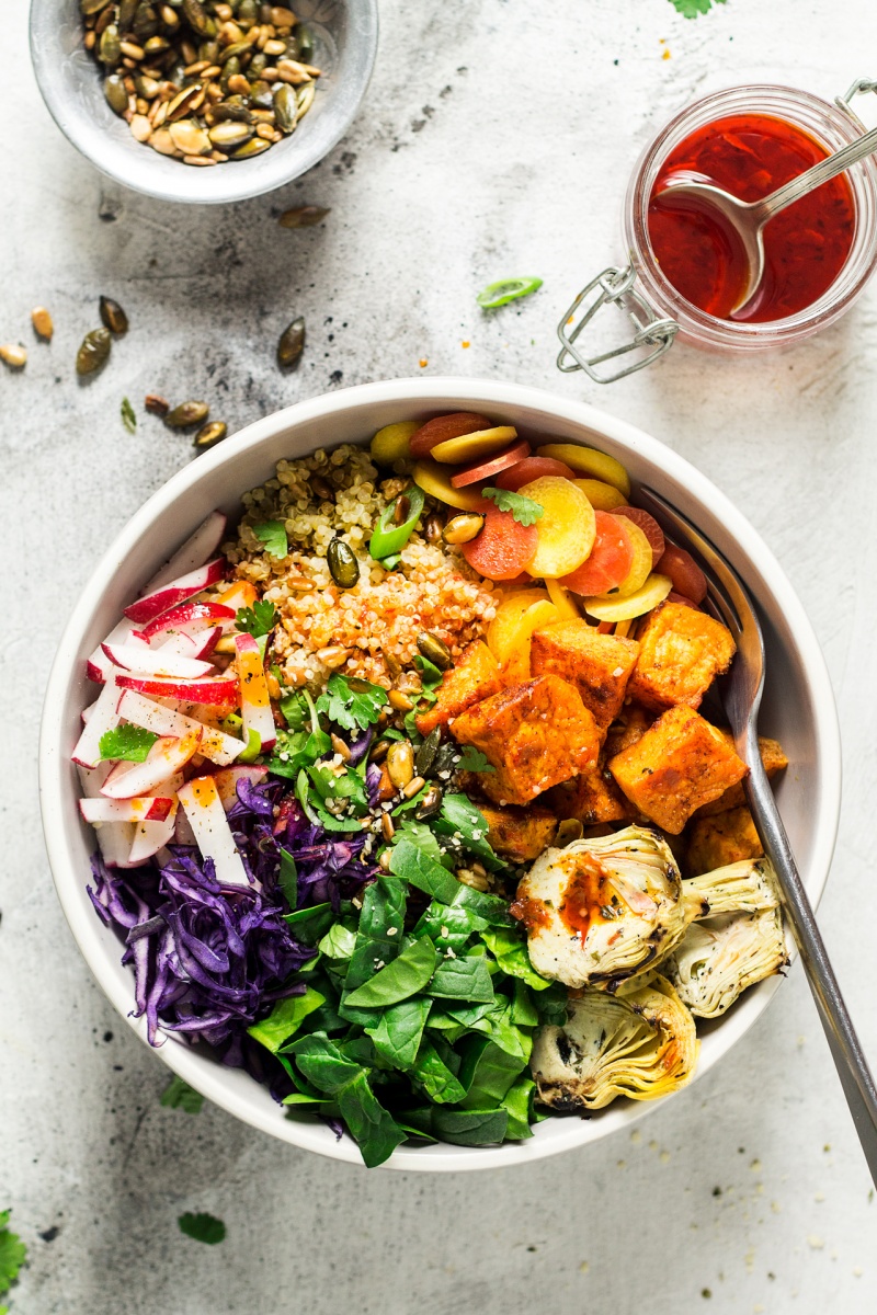 sunny veggie bowl harissa dressing