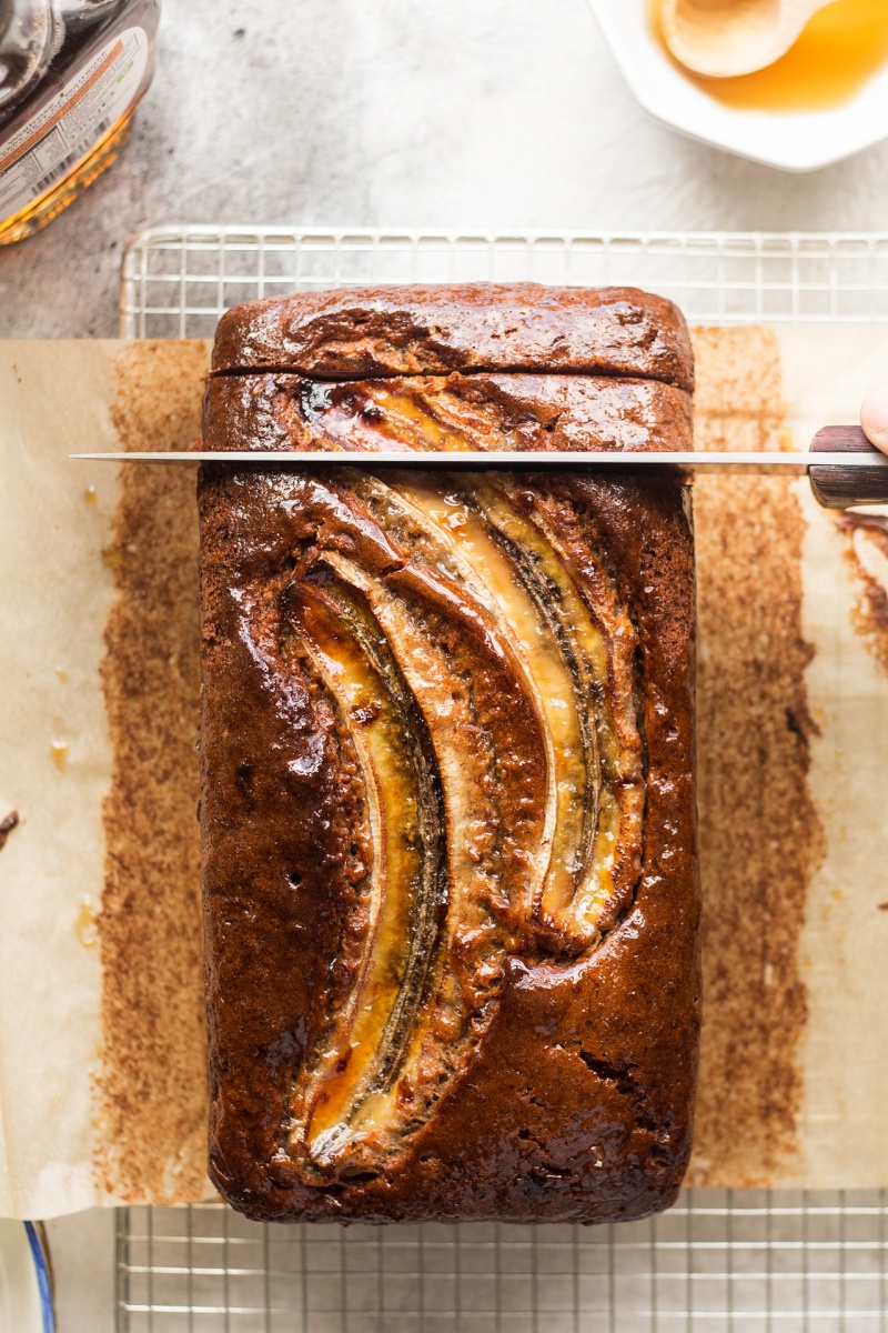 eggless banana bread cutting