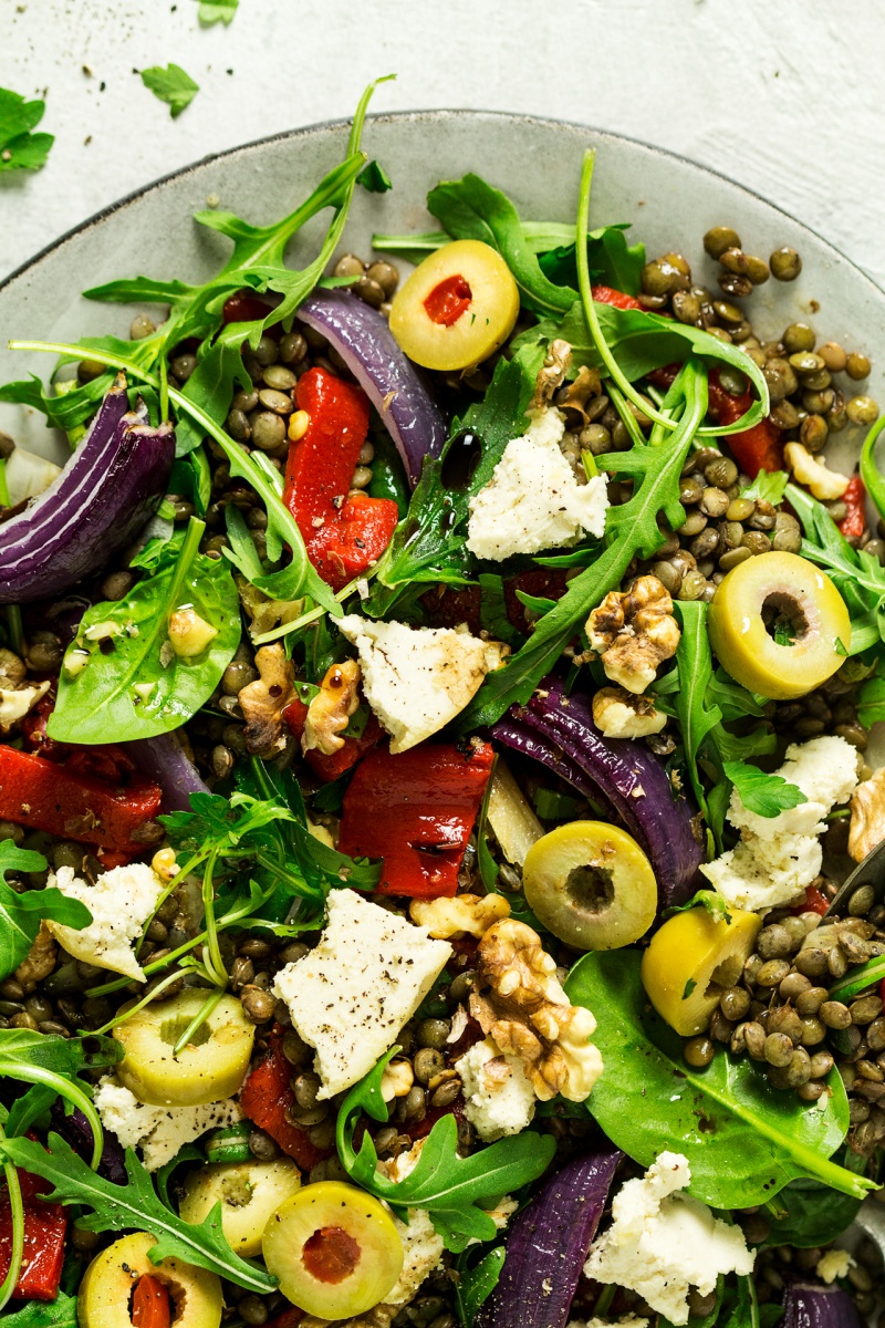 puy lentil salad almond cheese close up