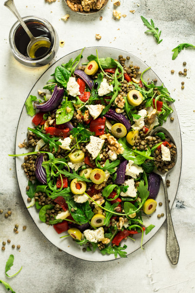 puy lentil salad almond cheese top down