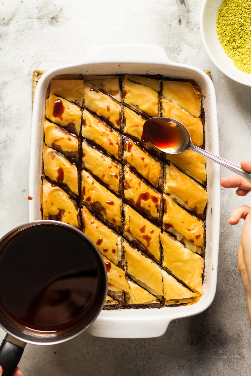 vegan date baklava syrup soaking