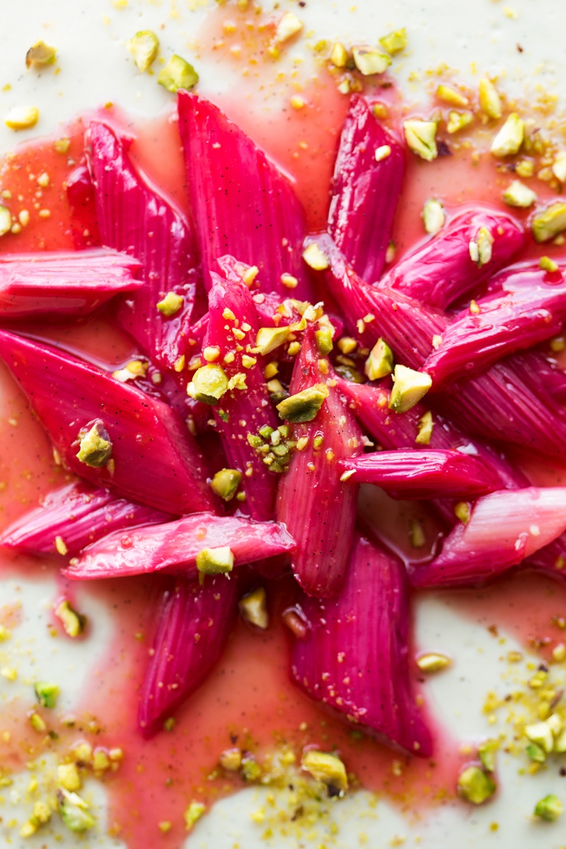 vegan white chocolate cheesecake rhubarb topping