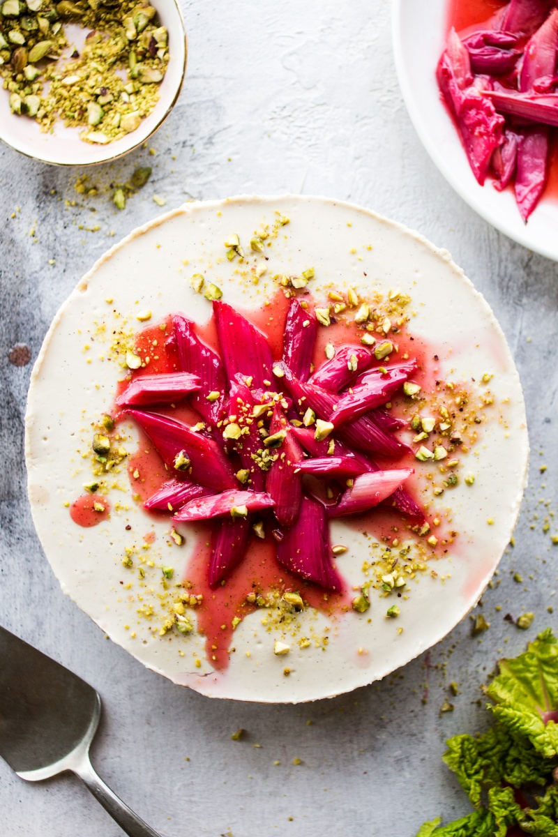 Vegan white chocolate cheesecake with rhubarb and ginger - Lazy Cat Kitchen