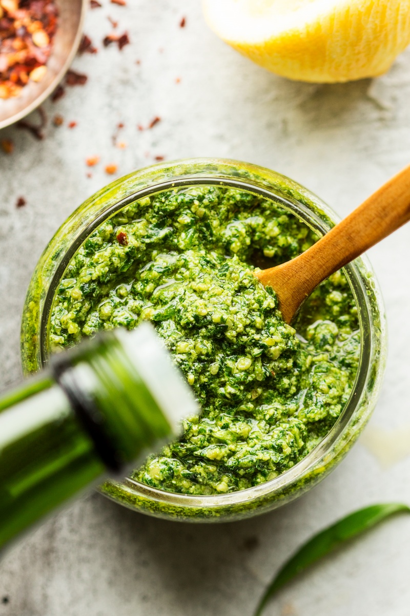 vegan wild garlic pesto olive oil topping