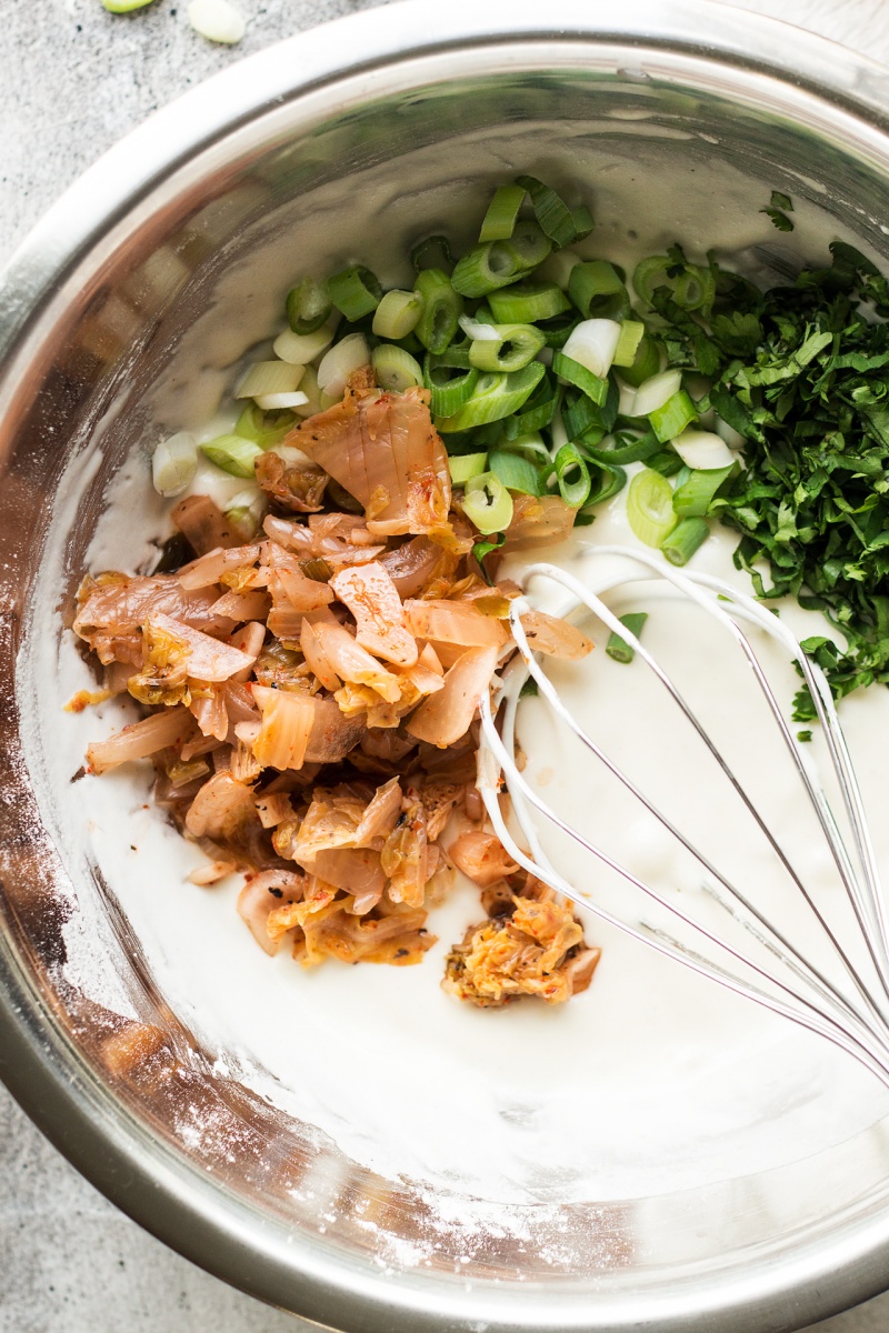 vegan kimchi pancakes mixing batter