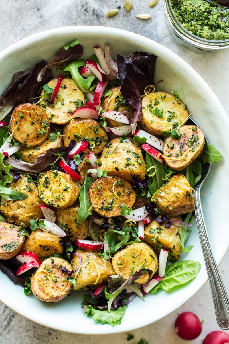 vegan potato salad pesto bowl close up