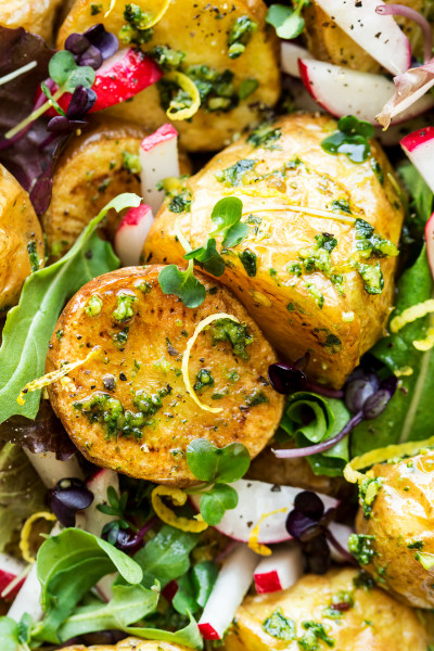 vegan potato salad pesto close up