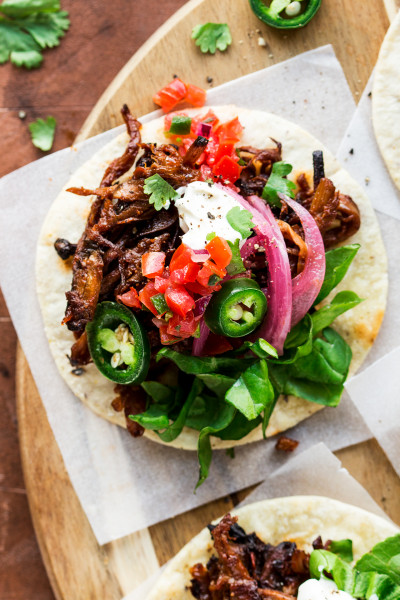 vegan pulled mushroom tacos close up