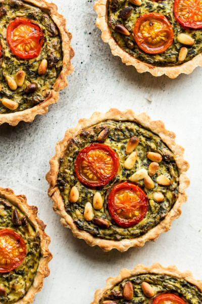 vegan quiche tarts baked close up