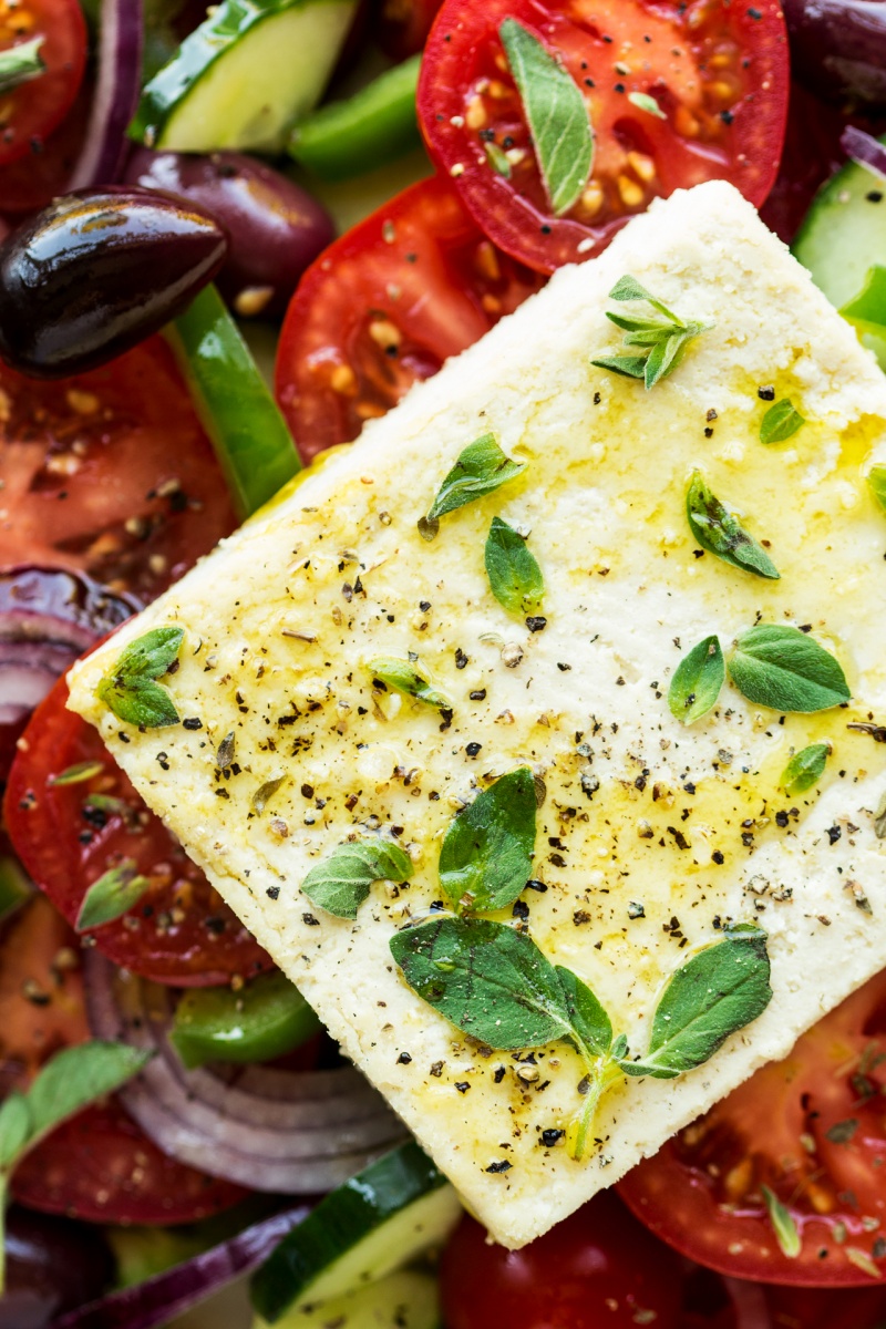 greek salad vegan feta close up