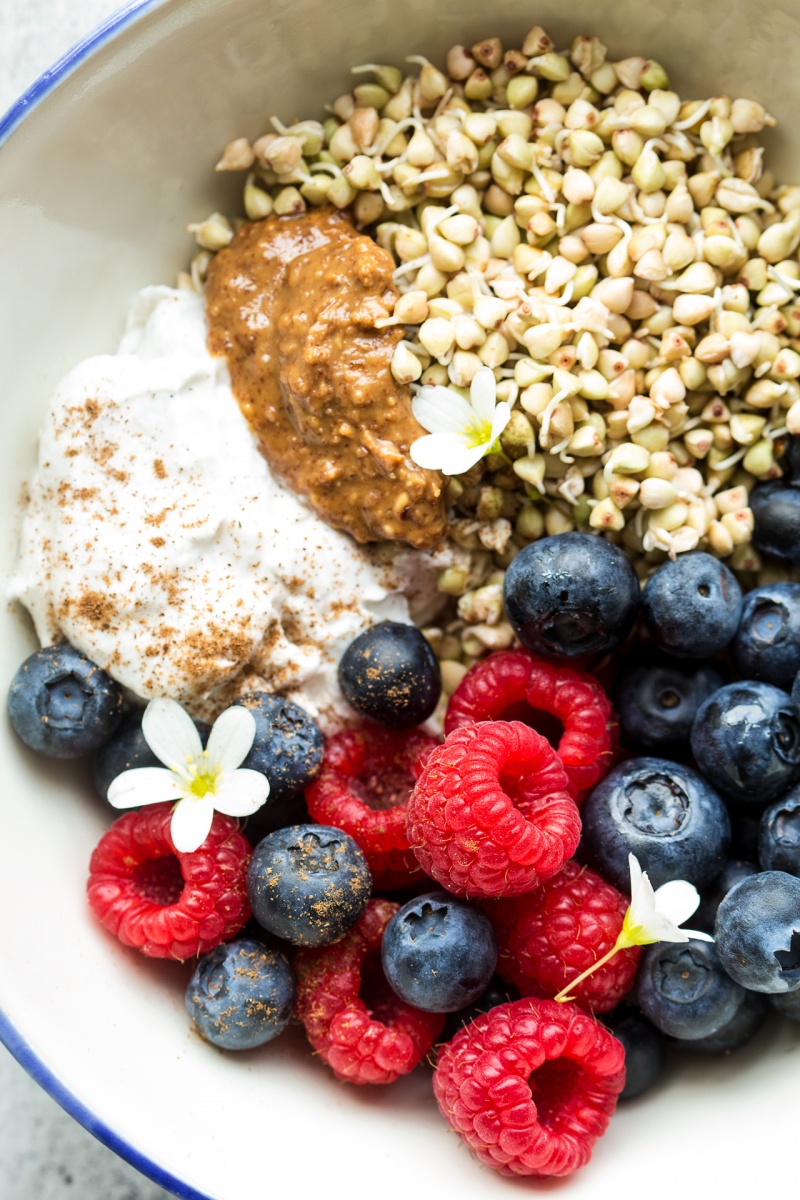 sprouted buckwheat breakfast bowl close up