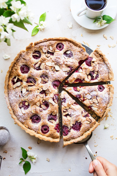 vegan raspberry bakewell tart cut