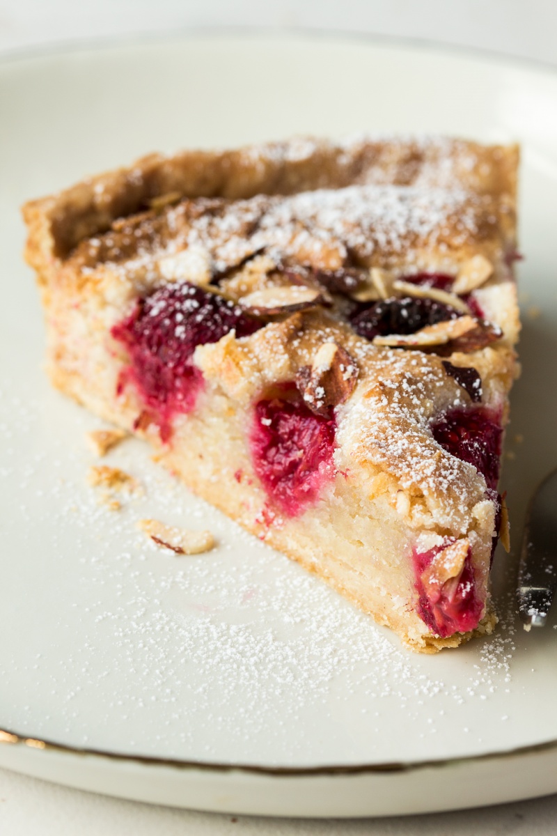 vegan raspberry bakewell tart piece