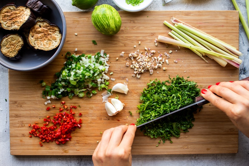 lemongrass aubergine neatballs chopping aromatics