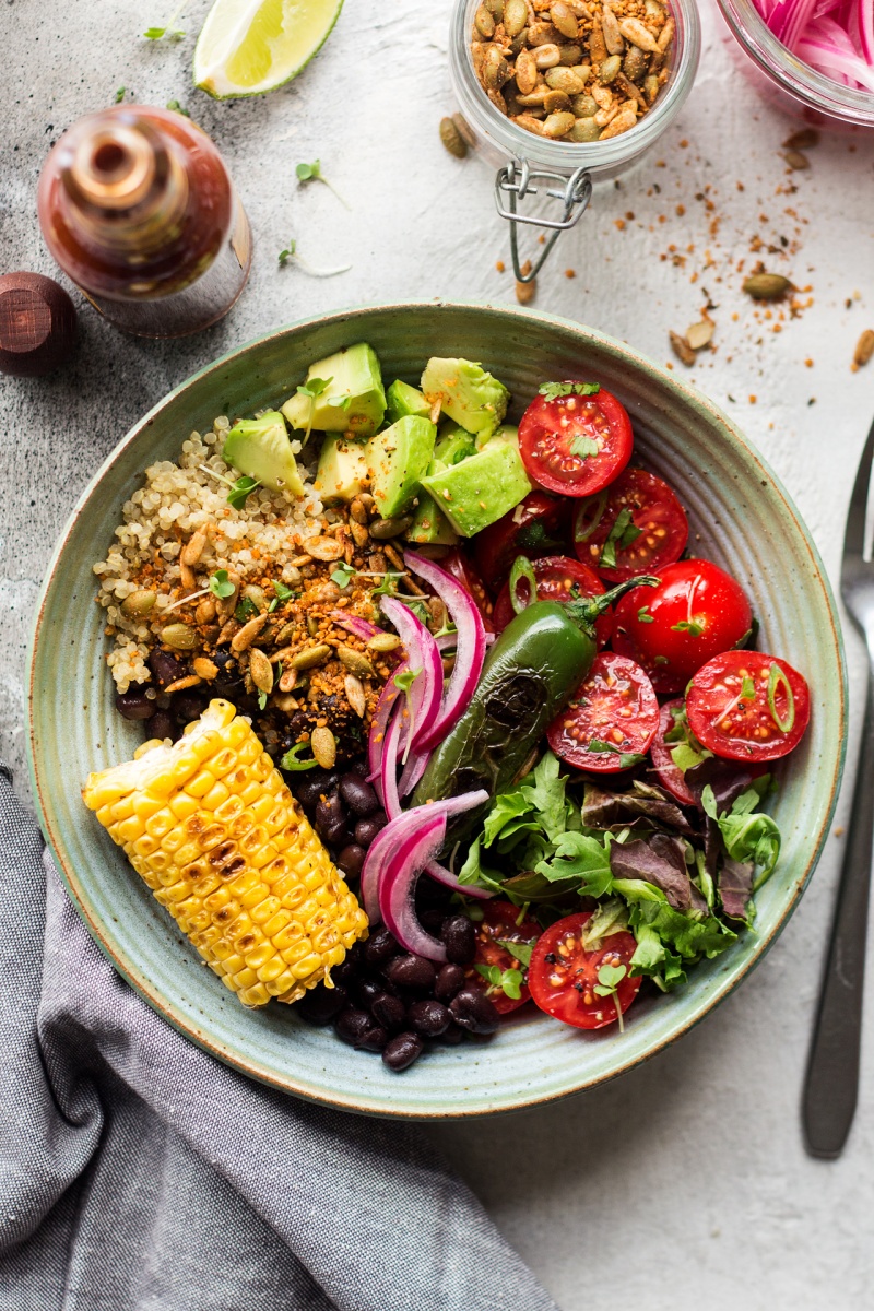 Mexican lunch bowl with spicy crumb - Lazy Cat Kitchen