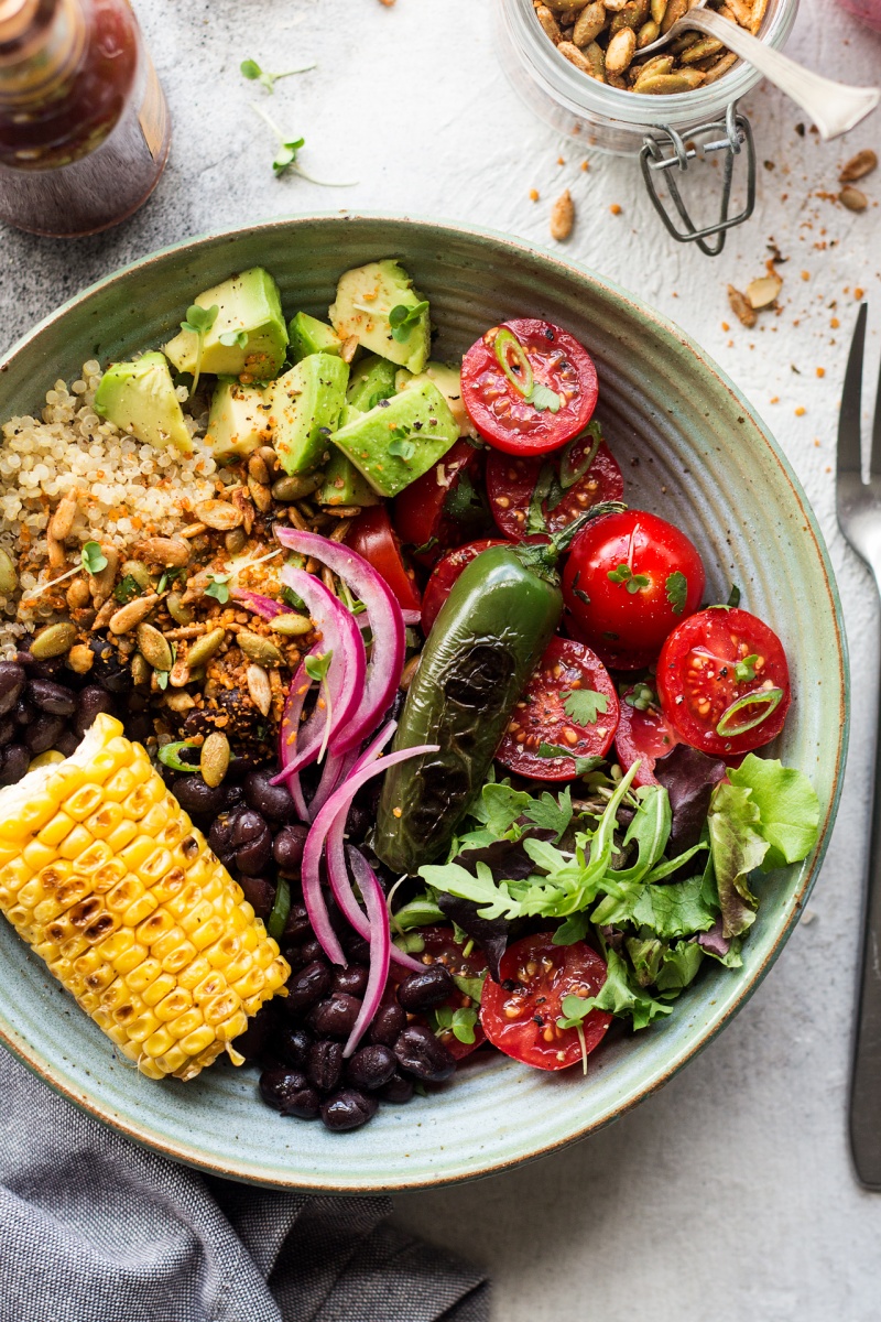 Mexican lunch bowl with spicy crumb - Lazy Cat Kitchen