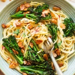 Vegan broccoli pasta with almond bacon-image