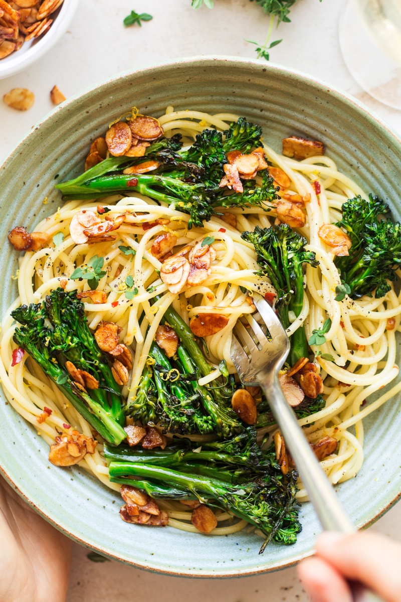 Vegan broccoli pasta with almond bacon - Lazy Cat Kitchen