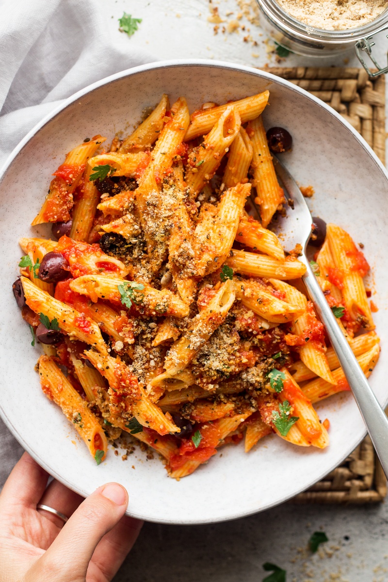 Pasta arrabbiata with nut-free vegan parmesan - Lazy Cat Kitchen