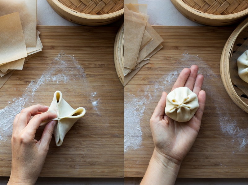 vegan char siu bao process folding