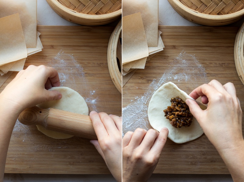 vegan char siu bao process rolling