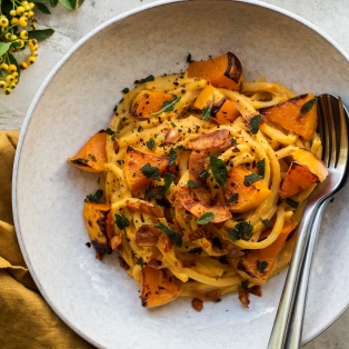 Creamy Pumpkin Pasta With Coconut Bacon Lazy Cat Kitchen