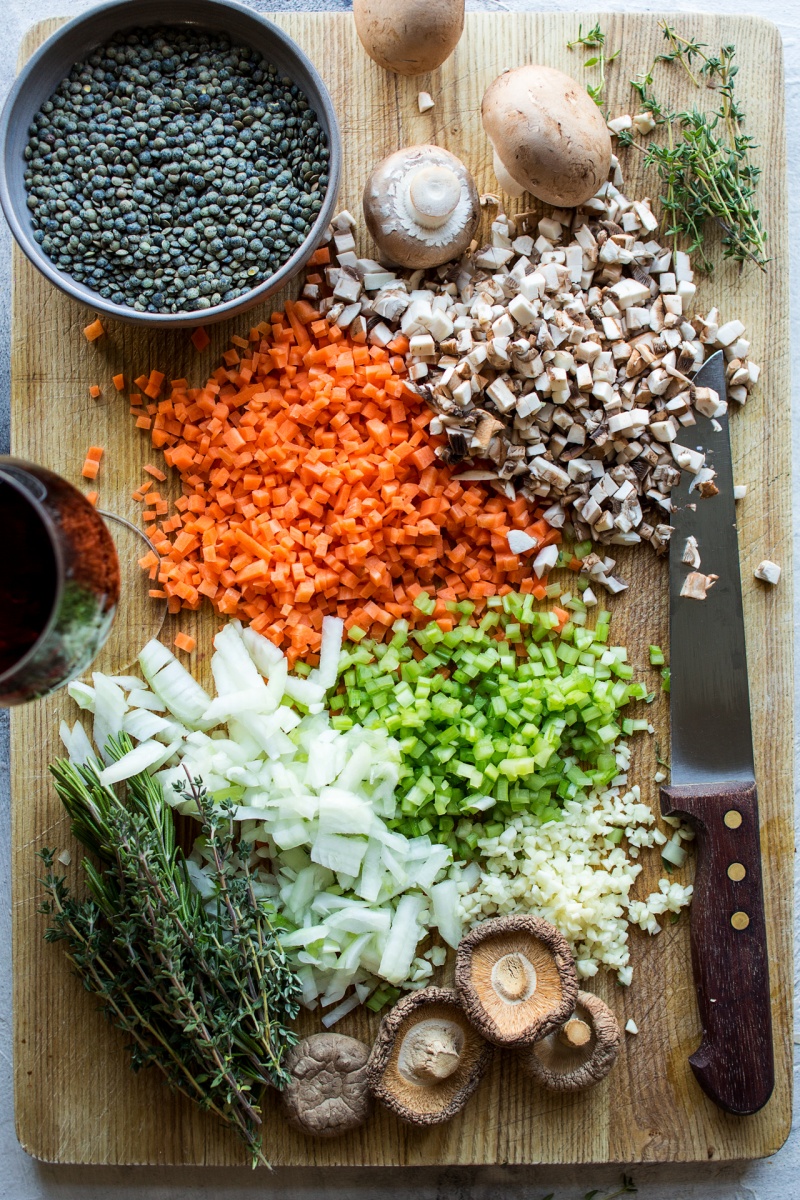lentil and mushroom bolognese ingredients chopped