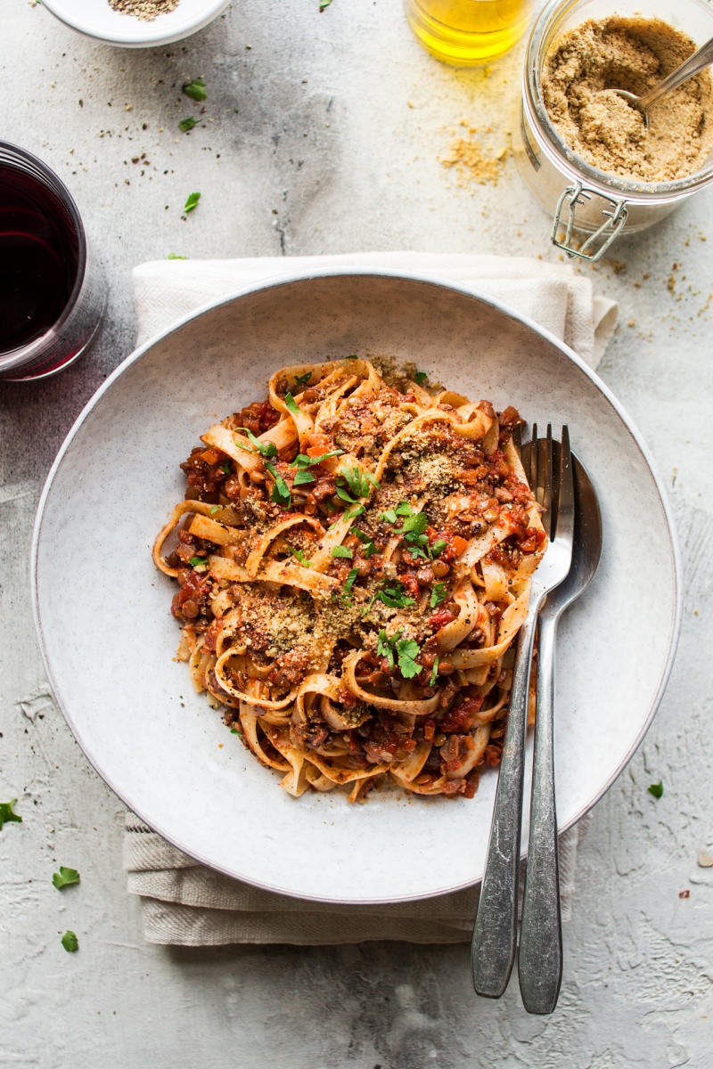 lentil and mushroom bolognese plate