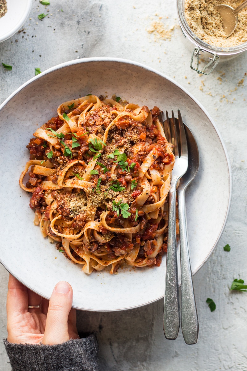 lentil and mushroom bolognese portion