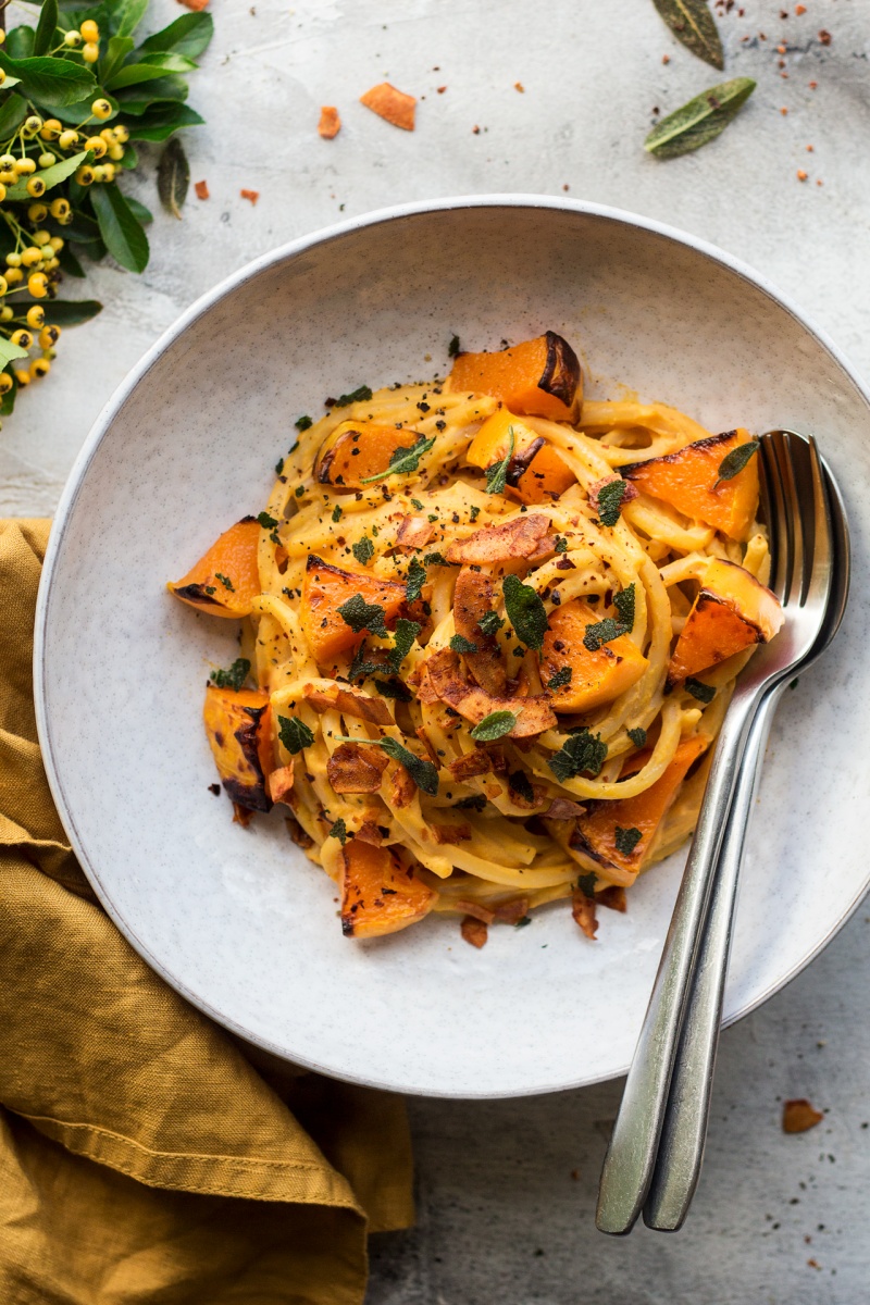 Creamy pumpkin pasta with coconut bacon - Lazy Cat Kitchen