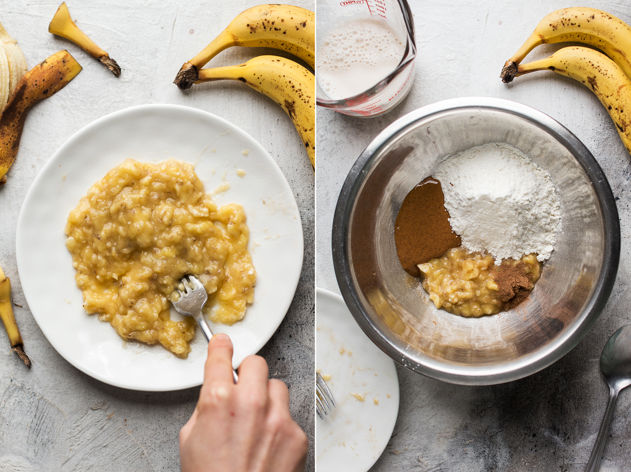 vegan banana pancakes making