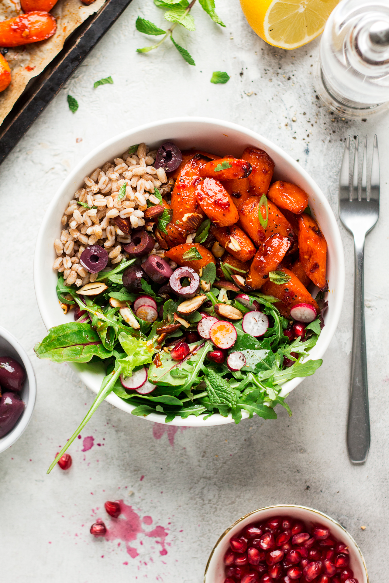 winter vegan bowl roasted carrots top down