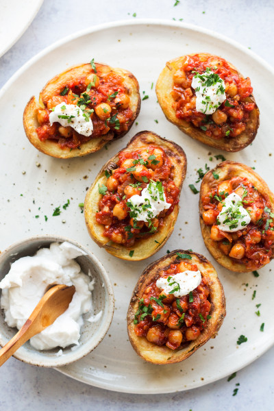 vegan potato skins plate close