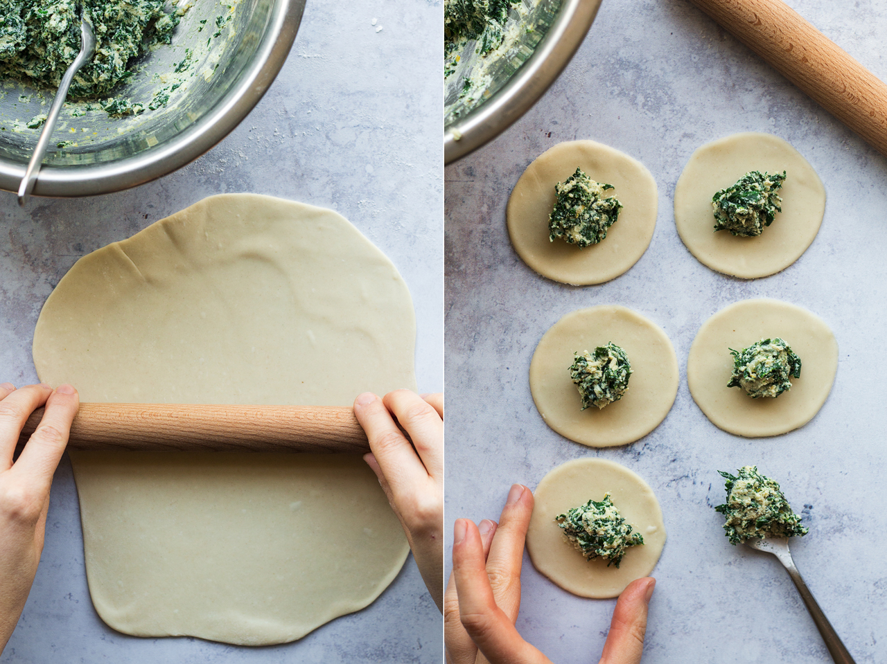 vegan spinach ricotta pierogi making