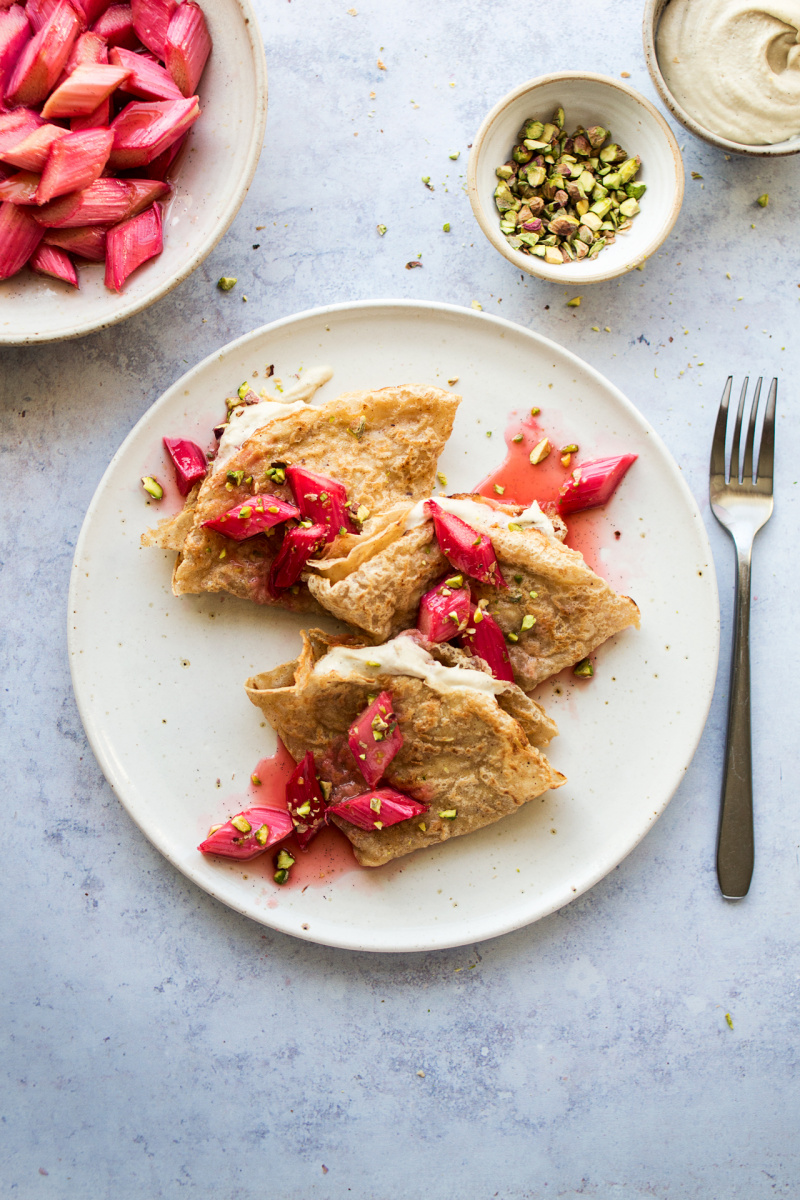 buckwheat crepes cashew cream rhubarb