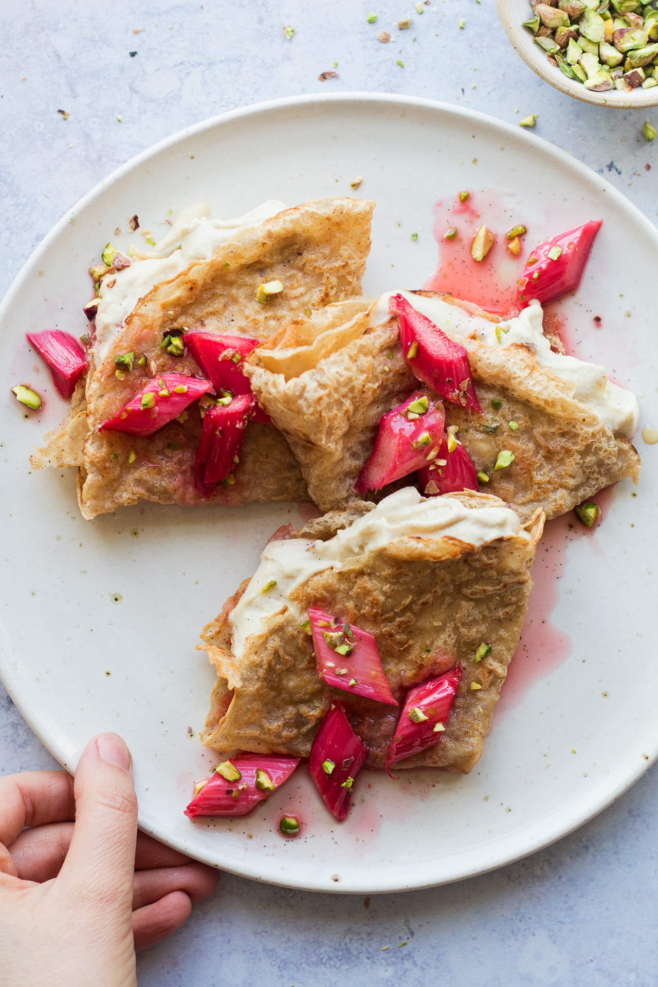 buckwheat crepes cashew cream rhubarb close