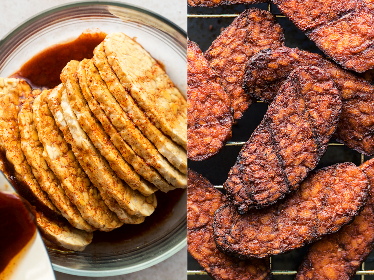 vegan BLT salad tempeh bacon prep